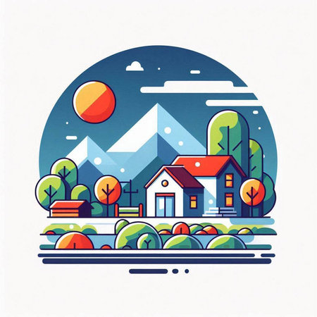 Vector illustration. Landscape with house, trees and mountains in the flat style.のイラスト素材