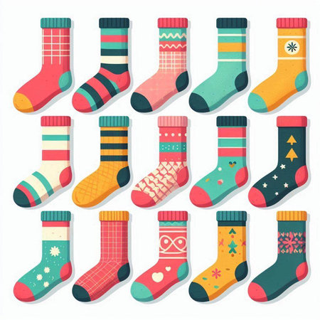 Set of Christmas socks with different patterns. Vector illustration in flat style.のイラスト素材