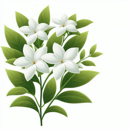 Branch of white flowers with green leaves isolated on white background.のイラスト素材