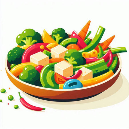 Vegetable salad with tofu in a bowl. Vector illustration.のイラスト素材