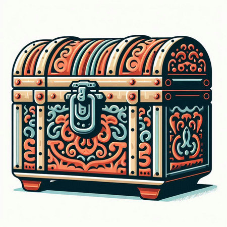 Wooden chest with gold ornament on a white background, vector illustration