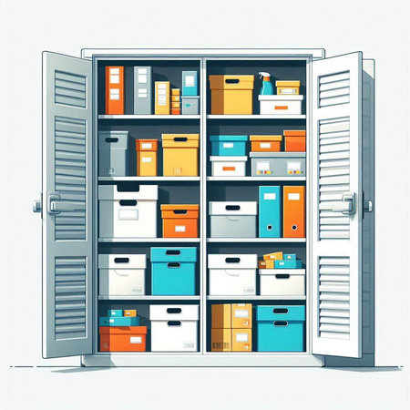 Closed office storage cabinet with boxes and documents. Vector illustration.