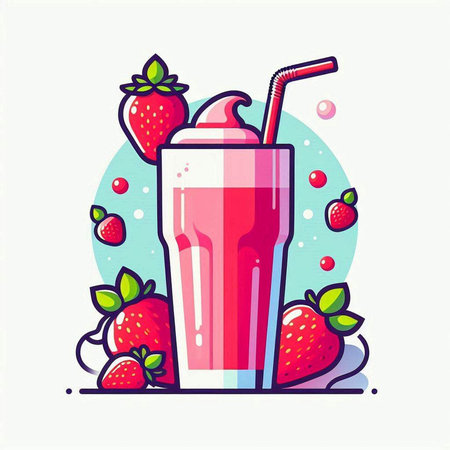 Strawberry smoothie in a glass with a straw. Vector illustration.のイラスト素材