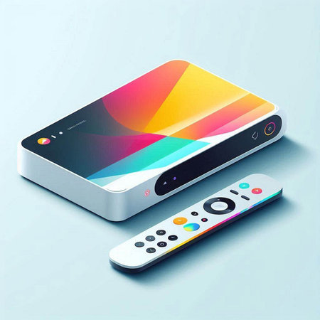 Realistic remote control with multicolored screen. Vector illustration.