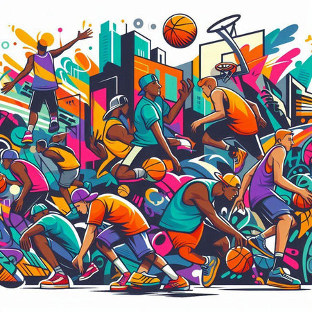 Basketball players in the city. Streetball. Vector illustration.のイラスト素材