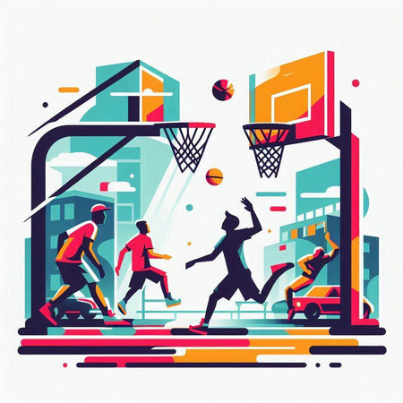 Basketball players in the street. Vector illustration of basketball game.のイラスト素材