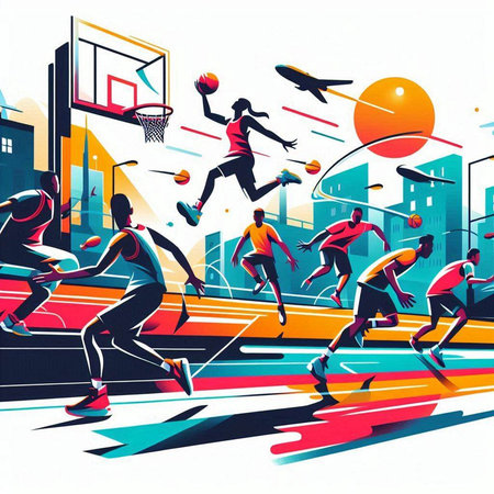 Basketball players in the city. Sport background. Vector illustration.のイラスト素材