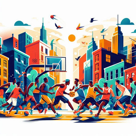 Basketball players in the city. Colorful vector illustration for your designのイラスト素材