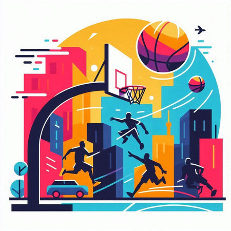 Basketball player in a city. Vector illustration in flat style.のイラスト素材