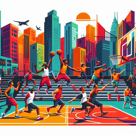 Basketball players are playing basketball in the city, vector illustration.のイラスト素材
