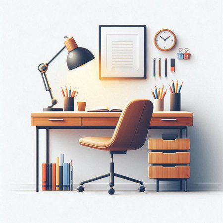 Office workplace with computer, books, lamp, coffee table and clock. 3D illustrationのイラスト素材