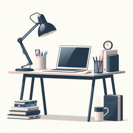 Office workplace. Workplace with laptop, coffee cup, books, lamp and other items. Vector illustrationのイラスト素材