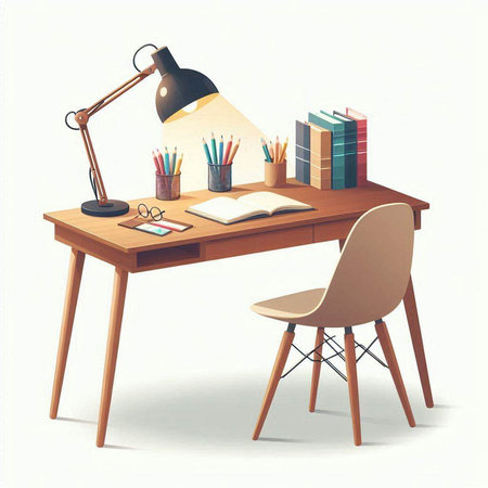 desk with books and a lamp on a white background. illustrationのイラスト素材