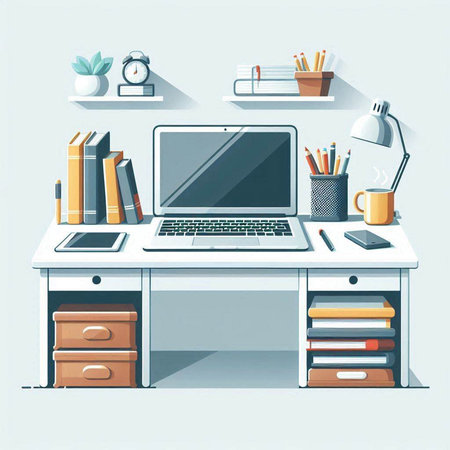 Office workplace. Workplace with laptop, books, coffee cup and other items. Vector illustrationのイラスト素材