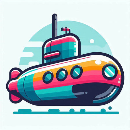 Submarine vector illustration. Colorful cartoon submarine on blue background.のイラスト素材