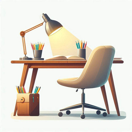 Illustration of a desk with a chair and a lamp on a white backgroundのイラスト素材