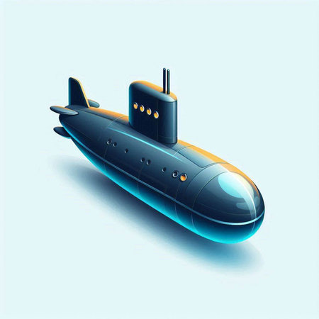 Submarine isolated on blue background. 3D rendered Illustration.