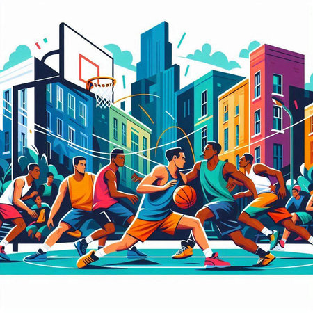 Basketball players playing basketball on the street. Sport vector illustration.のイラスト素材