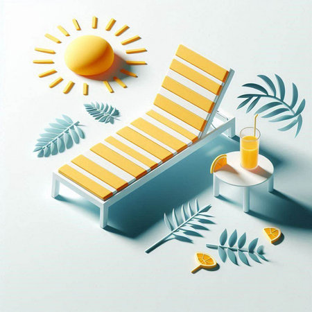 Summer composition with sun lounger and palm leaves. 3d renderのイラスト素材