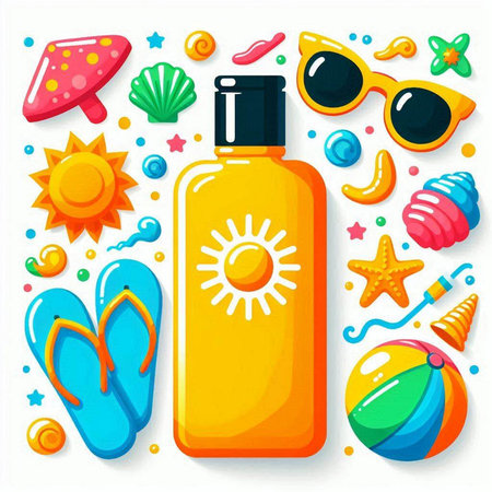 Sunscreen in a bottle with sunglasses and beach accessories. Vector illustration