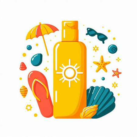 Sunscreen bottle with seashells and starfish. Vector illustrationのイラスト素材