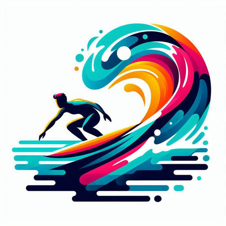 Surfer with surfboard on the wave vector illustration. Colorful abstract background.のイラスト素材