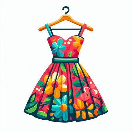 Bright summer dress on hanger isolated on white background. Vector illustration.のイラスト素材