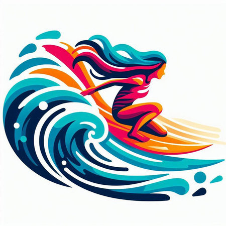 Surfer girl with surfboard on a wave. Vector illustration.のイラスト素材