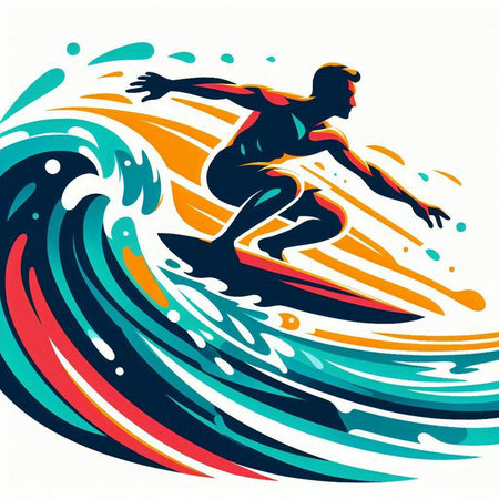 Surfer with surfboard on the wave. Vector Illustration.のイラスト素材