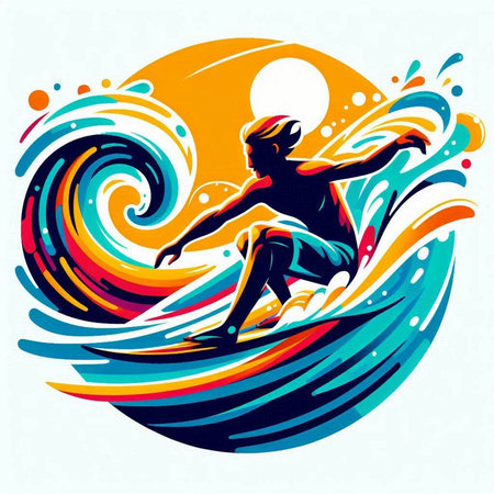 Surfer on the surfboard in the ocean, vector illustration.のイラスト素材