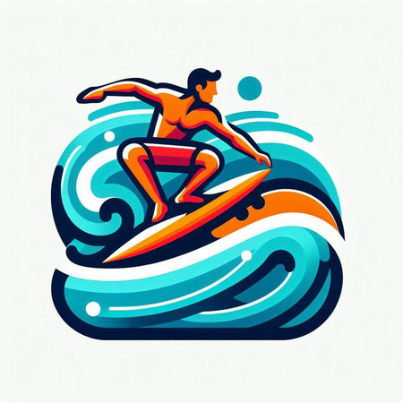 Surfer with surfboard on the wave. Vector illustration of a man on a surfboard.のイラスト素材