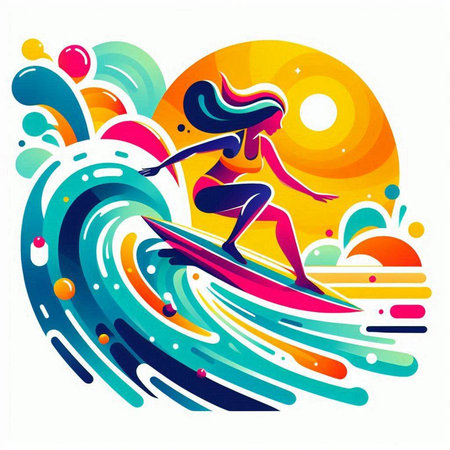 Beautiful surfer girl on the surfboard. Vector illustration.のイラスト素材