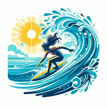 Surfer girl with surfboard on the wave. Vector illustration.のイラスト素材