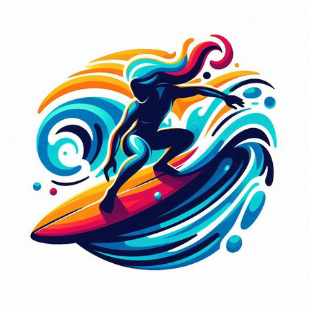 Surfer girl with surfboard on the waves. Vector illustration.のイラスト素材