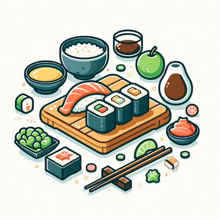 Sushi set, japanese food. Vector illustration in cartoon styleのイラスト素材