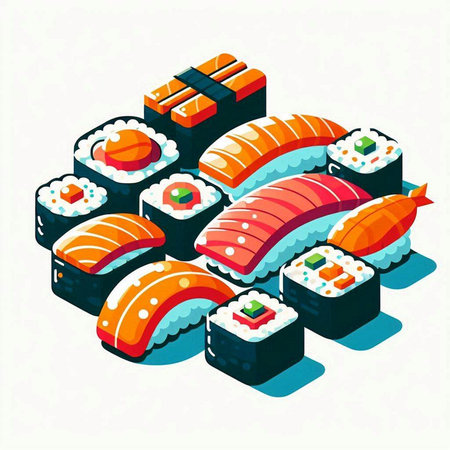 Sushi isometric vector illustration. Sushi roll with salmon, tuna, shrimp, caviar, caviar, seaweed, caviar, japanese food.のイラスト素材