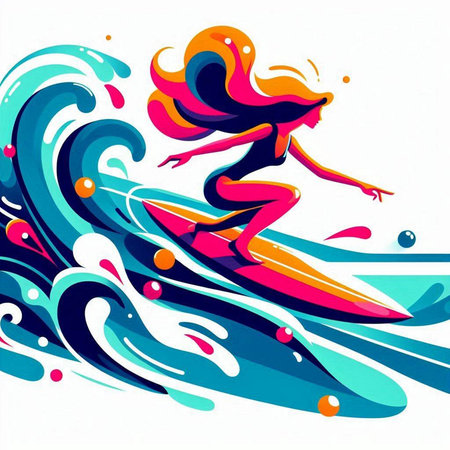 Surfer girl on the wave. Vector illustration of a girl on surfboard.のイラスト素材