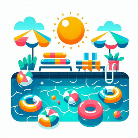 Pool with inflatable rings, umbrellas and sun. Vector illustrationのイラスト素材