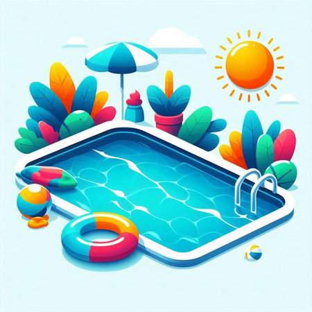 Swimming pool with inflatable ring and sun. Vector illustration.のイラスト素材