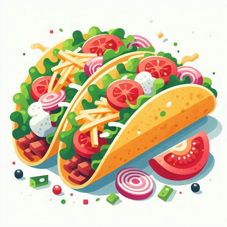 Mexican tacos vector illustration. Fast food tortilla with meat, cheese, tomato, onion and lettuce.のイラスト素材
