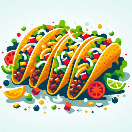 Mexican tacos with vegetables and sauce. Vector illustration in flat styleのイラスト素材