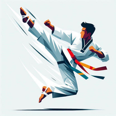 karate fighter with a red belt in his hand, vector illustrationのイラスト素材