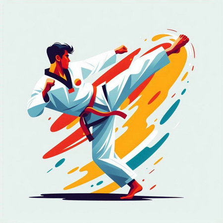 Taekwondo. A man in a kimono is engaged in martial arts. Vector illustration.のイラスト素材