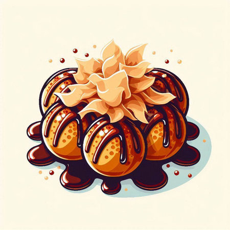 Chocolate bundt cake with whipped cream and caramel syrup. Vector illustration.のイラスト素材