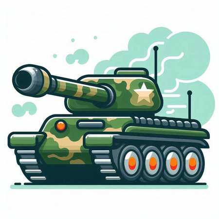 Cartoon vector illustration of a green tank with a camouflage pattern.のイラスト素材