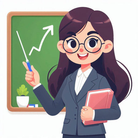 Female teacher standing in front of a blackboard. Vector illustration.のイラスト素材