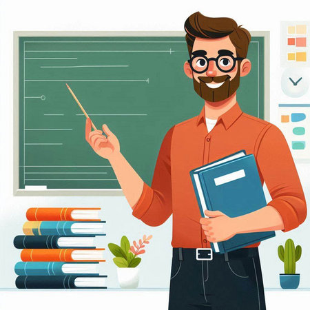 Teacher with books and a pointer in the classroom. Vector illustrationのイラスト素材