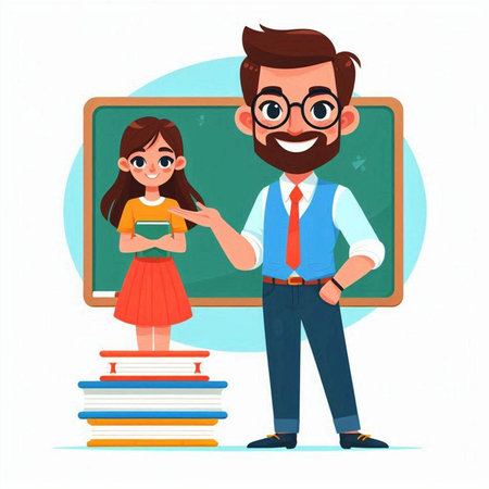 Teacher and pupil in front of blackboard. Vector illustration.のイラスト素材