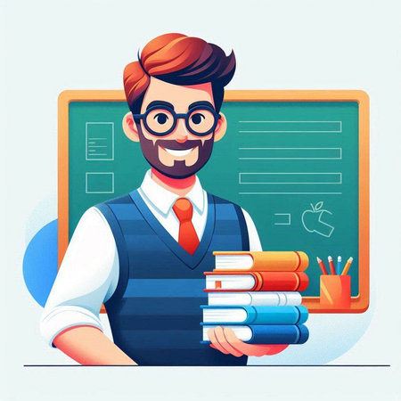 Teacher with books in front of blackboard. Vector illustration.のイラスト素材