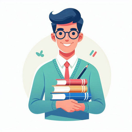 Male teacher holding pile of books. Vector illustration in cartoon style.のイラスト素材